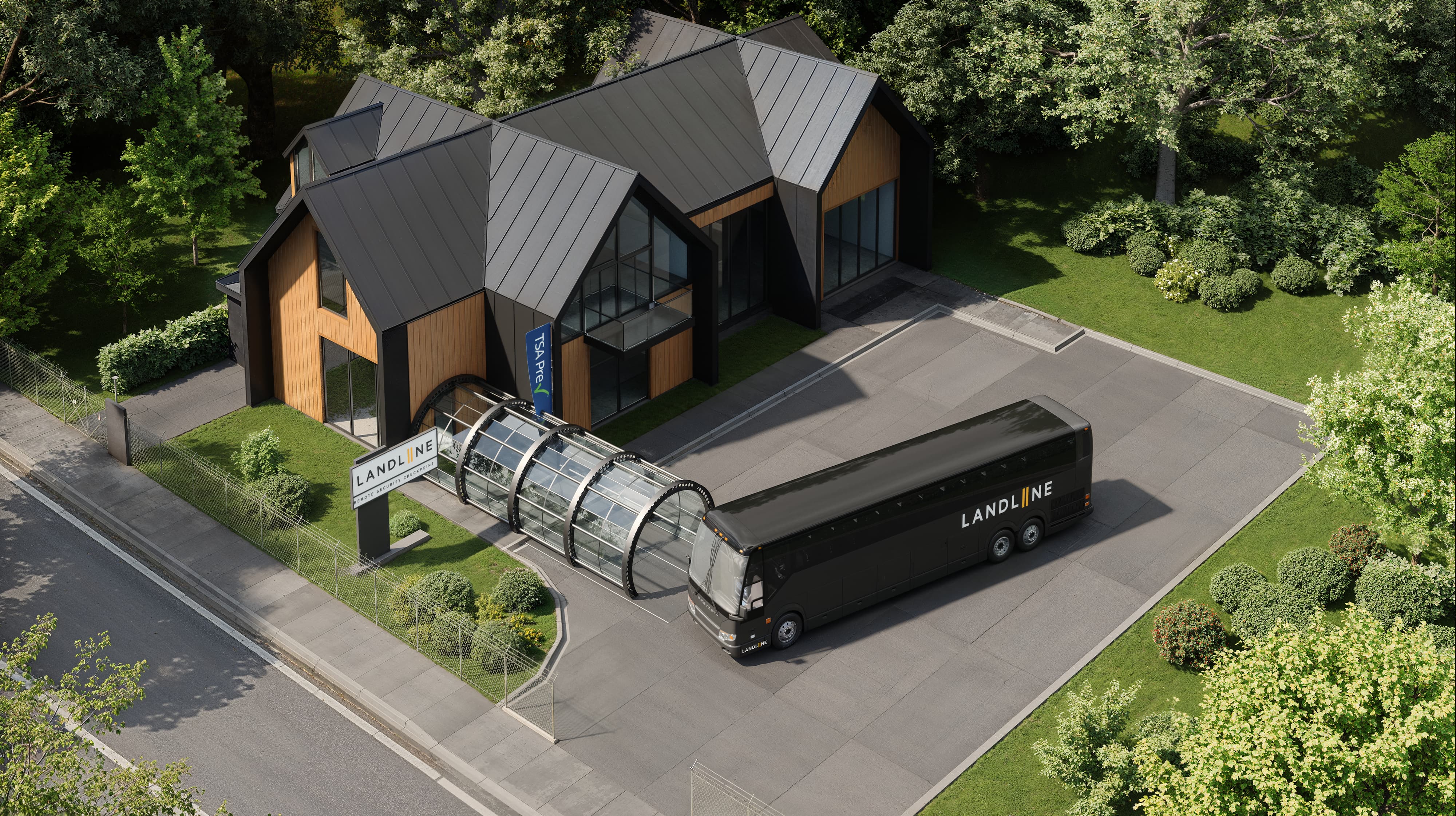 Landline Portal facility aerial rendering with TSA PreCheck and premium coach